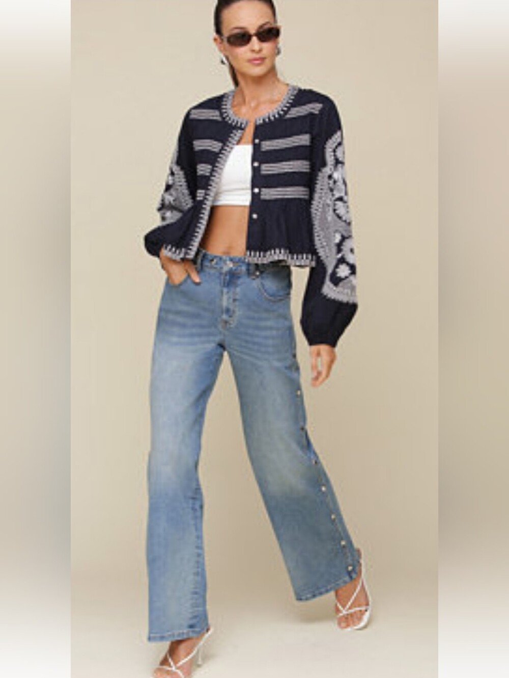 #278. 7 For All Mankind Navy Embroidered Puff Sleeve Babydoll Jacket.